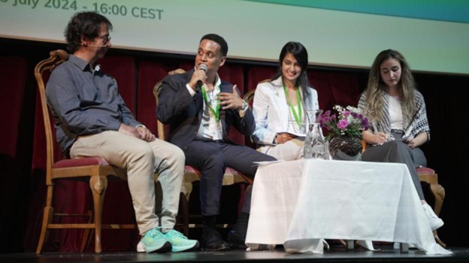 Ignacio Packer (left) in dialogue with representatives of Creative Leadership, Jonas Truneh, Maruee Pahuja and Sidra Raslan, at the Caux Democracy Forum 2024 